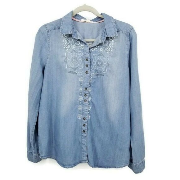 Hint Of Mint Chambray Button Down Front with Lace Inset Back Size M denim & Lace - Picture 3 of 12